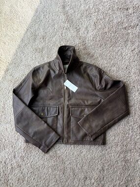 Abercrombie & Fitch Short Vegan Leather Utility Jacket | Brown Distressed SMALL